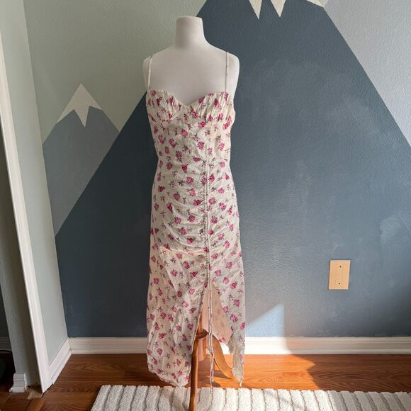 Zara Linen Floral Bustier Eyelet Smocked Midi Dress Size Large - Picture 3 of 12